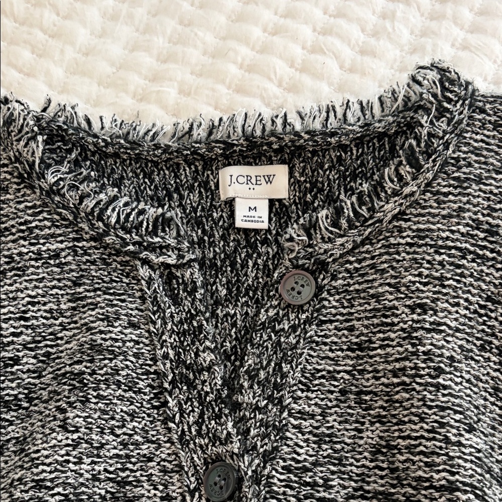 J. Crew Black and White Short Sleeve Fringe Knit Cardigan - Picture 2 of 3